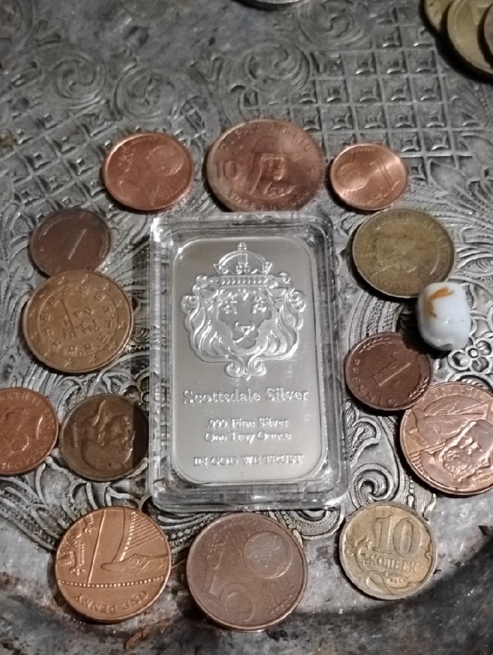 Scottsdale Silver  Plated 1oz .999 Fine Silver Bar - Lion Design& Copper Coins